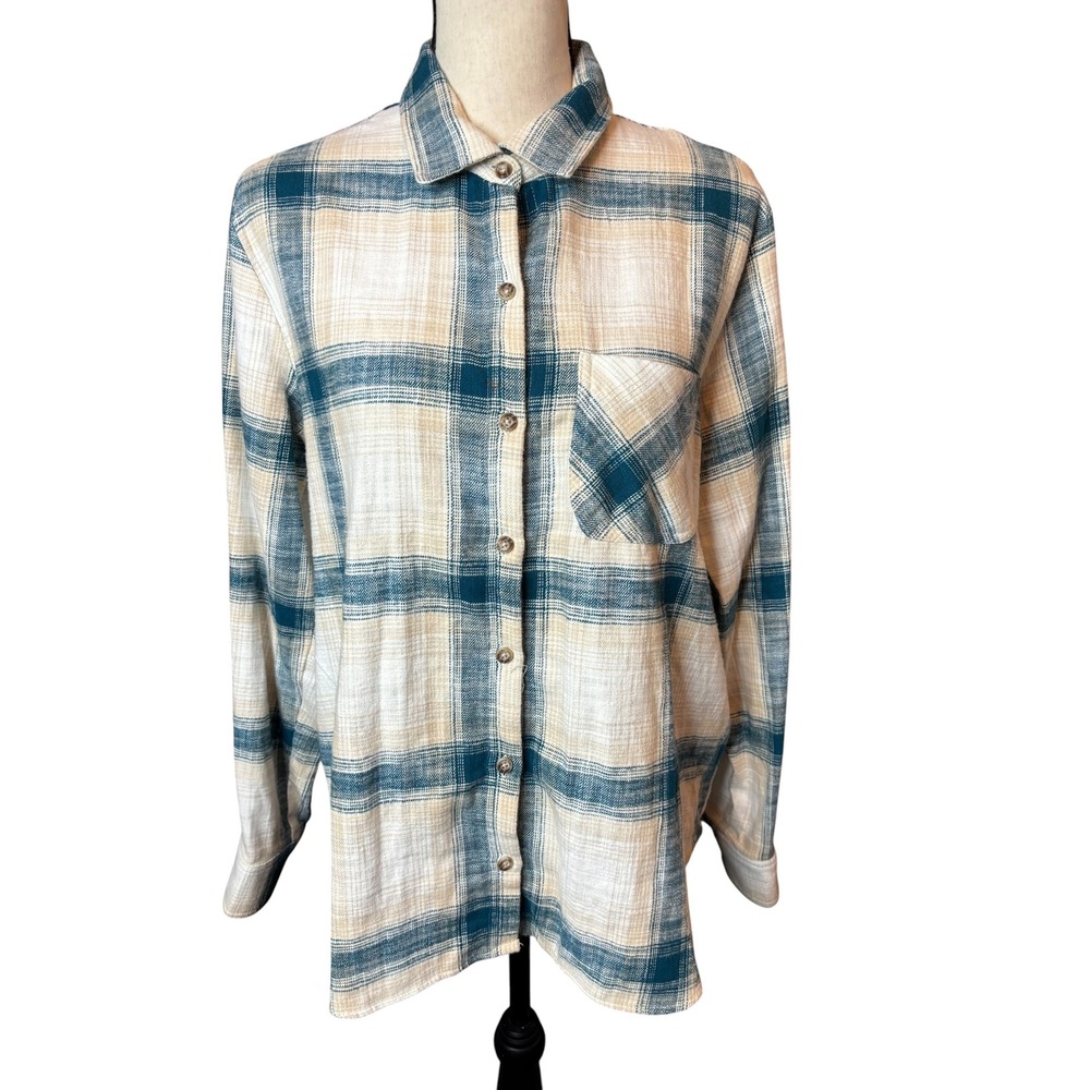C&C California Womens Teal Cream Plaid Cotton Button Down Shirt Size M